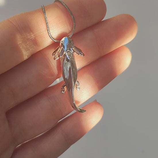 Video showing the Exolotl pendant being held and rotated to display its front and back craftsmanship.