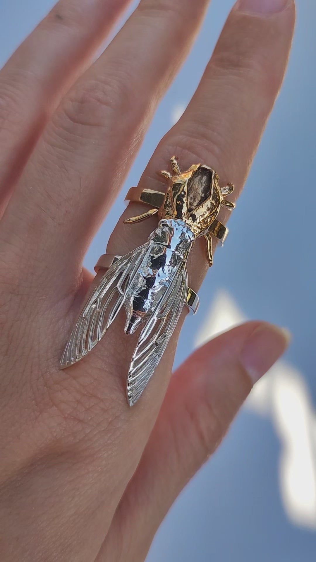 Handcrafted cicada insect stacking rings set, unique silver rings