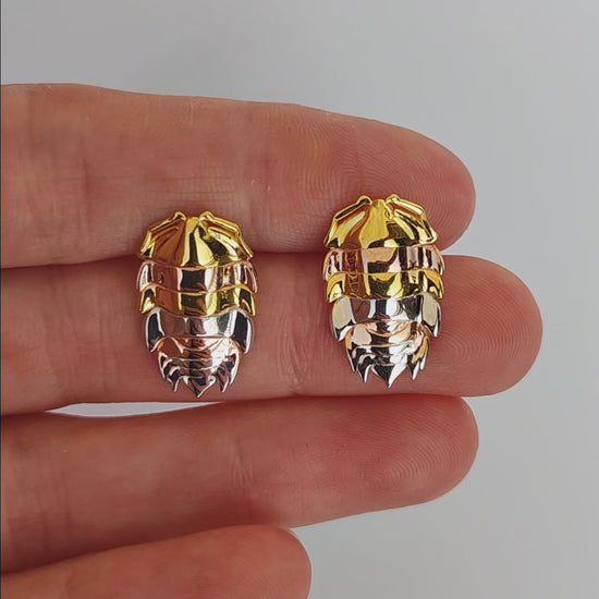 Eye-catching mixed metals rainbow isopod earrings, blending sterling silver and gold plating for a bold insect ring style