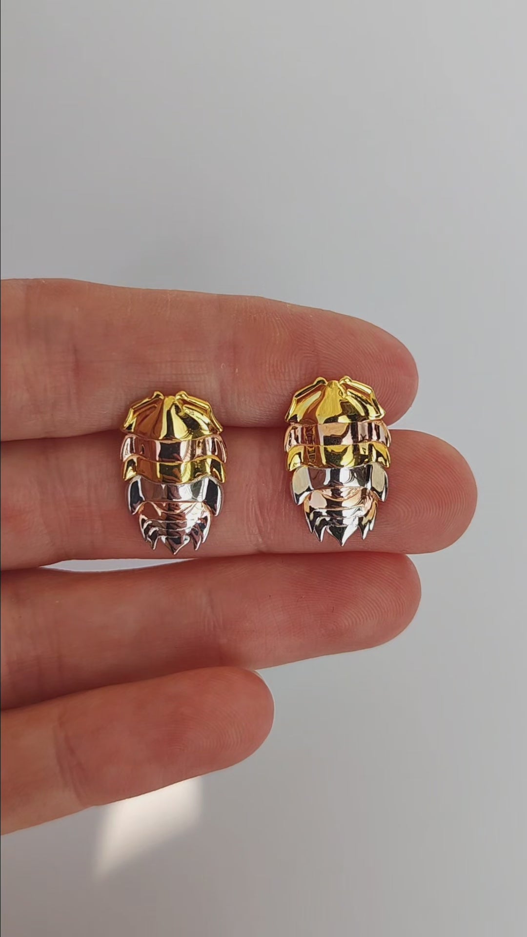 Eye-catching mixed metals rainbow isopod earrings, blending sterling silver and gold plating for a bold insect ring style