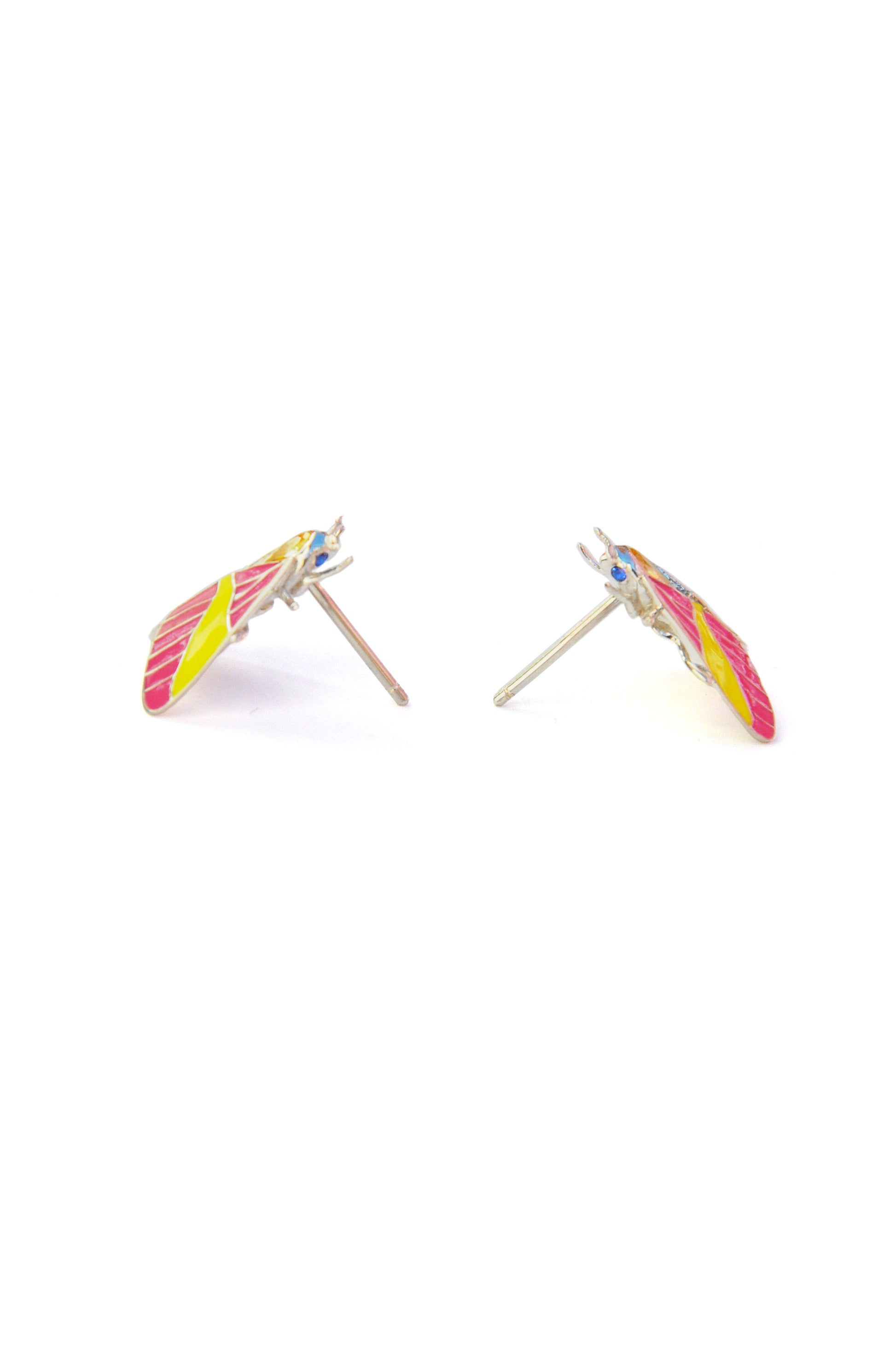 Side view of Rosy Maple Moth earrings in sterling silver with enamel and gemstone accents