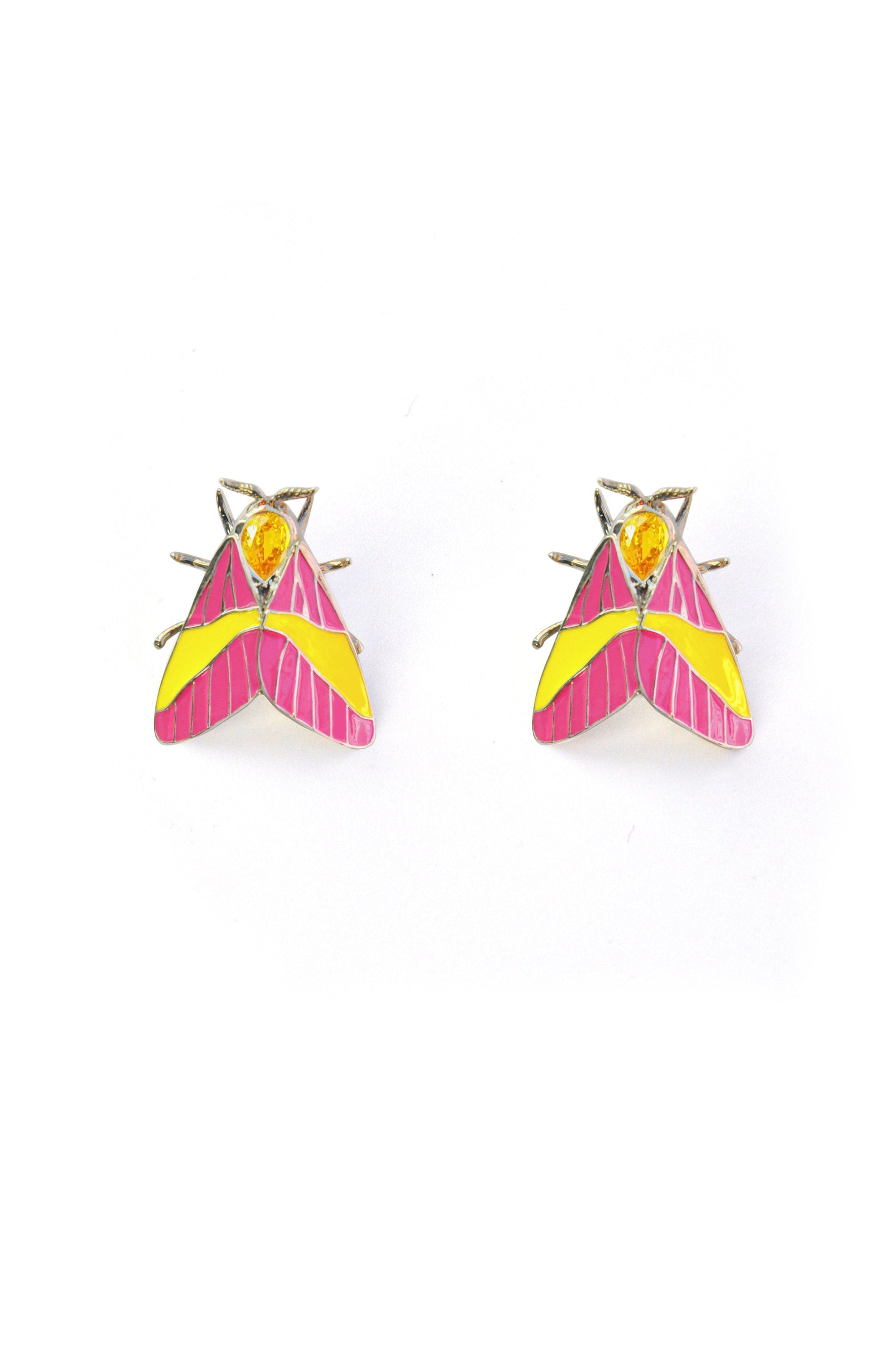 Rosy Maple Moth earrings in sterling silver with pink and yellow enamel wings, blue gemstone eyes, and yellow pear-shaped crystal on white background