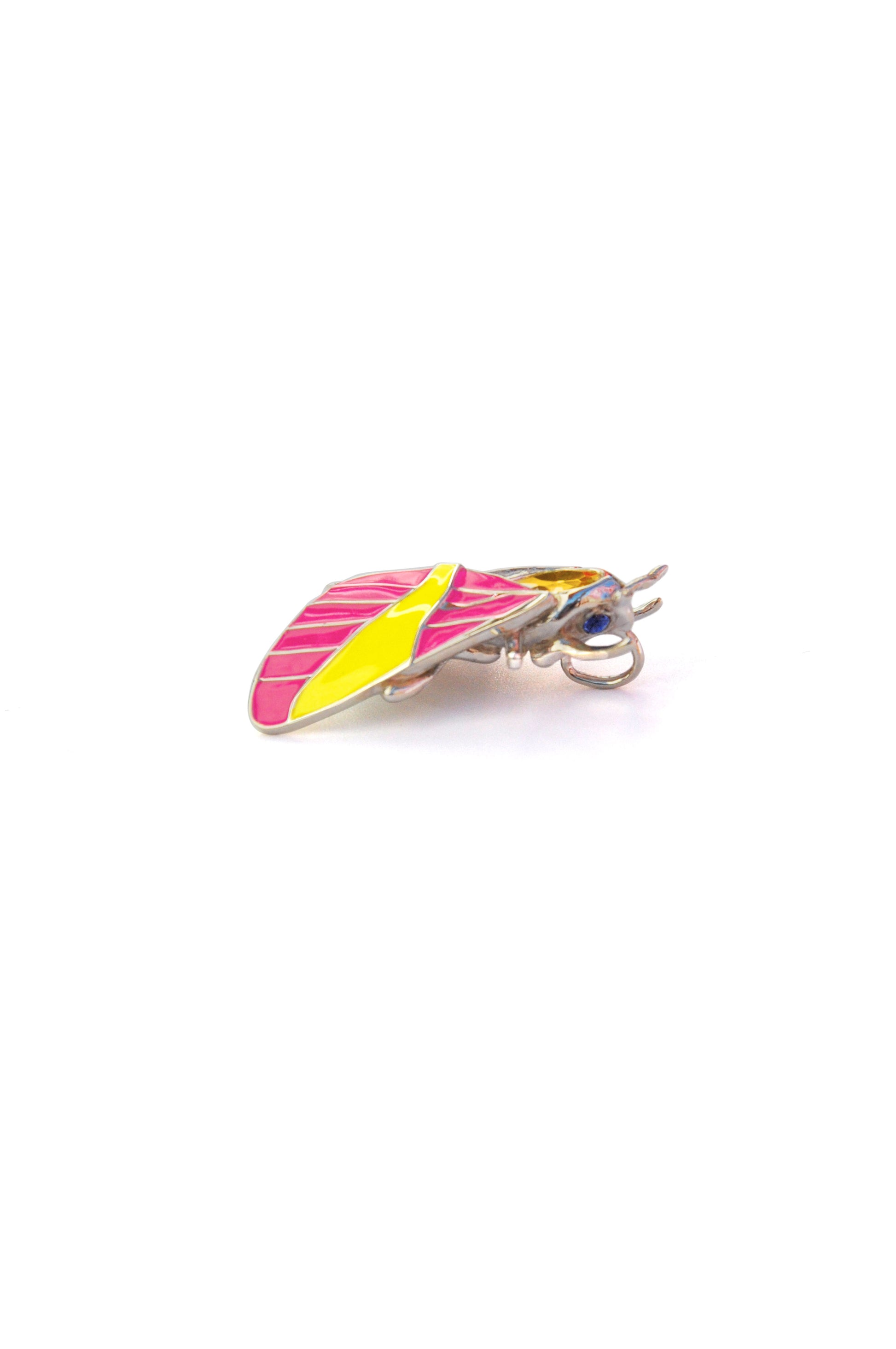 Left side view of Rosy Maple Moth pendant showing enamel wings and yellow crystal detail