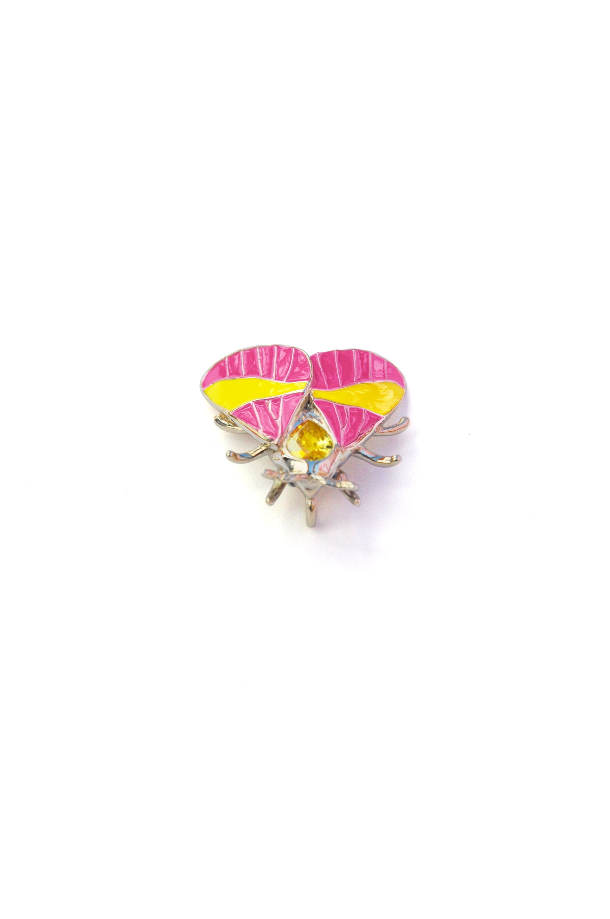 Top view of Rosy Maple Moth pendant in sterling silver with visible pear-shaped yellow crystal