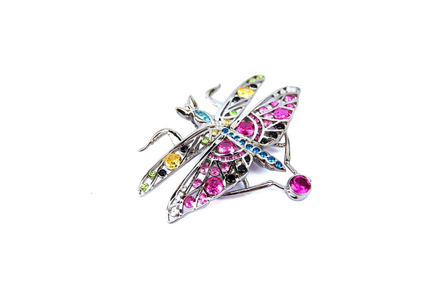 Side view of silver praying mantis pendant on white background highlighting curved limbs and sleek profile