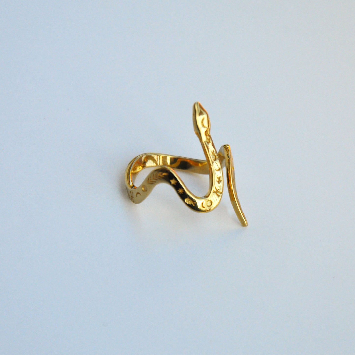 Celestial snake ring in 14K gold plated finish, displayed horizontally on white background.