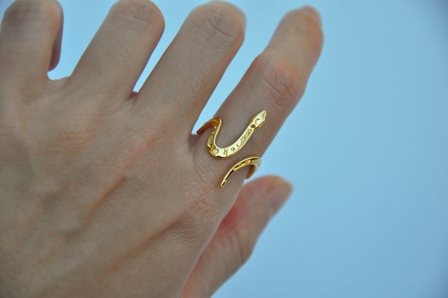 Celestial snake ring worn by model, front view showing serpent design and polished finish.