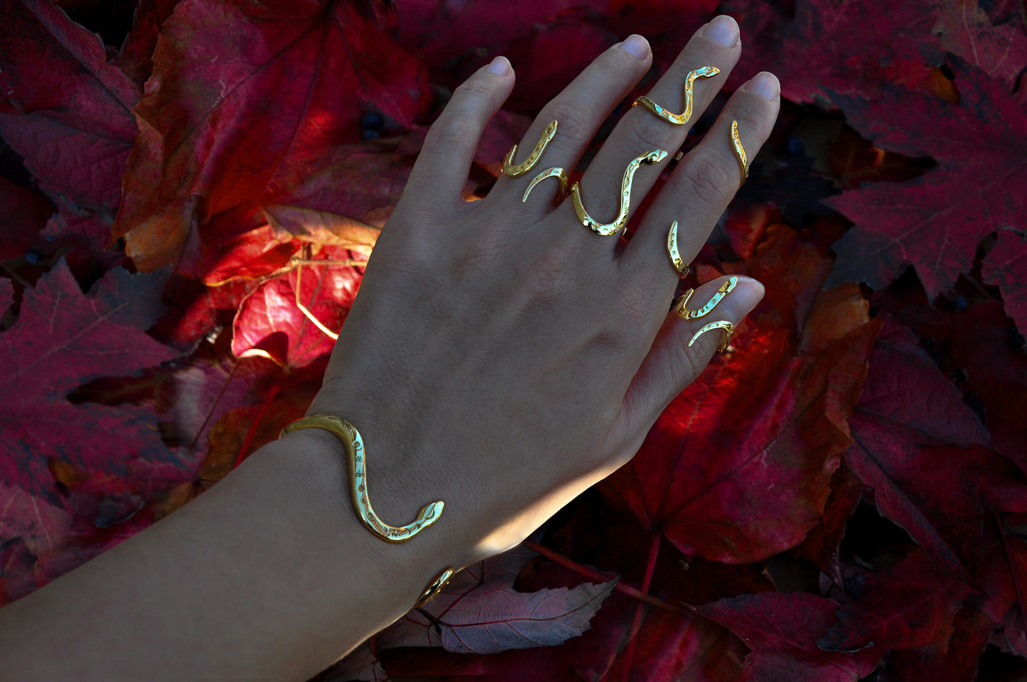 Celestial snake rings stacked with matching bracelet on hand, showcasing symbolic snake jewelry styling.