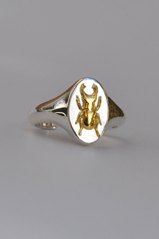 Aries Stag Beetle Signet Ring | Sterling Silver & Gold Plated
