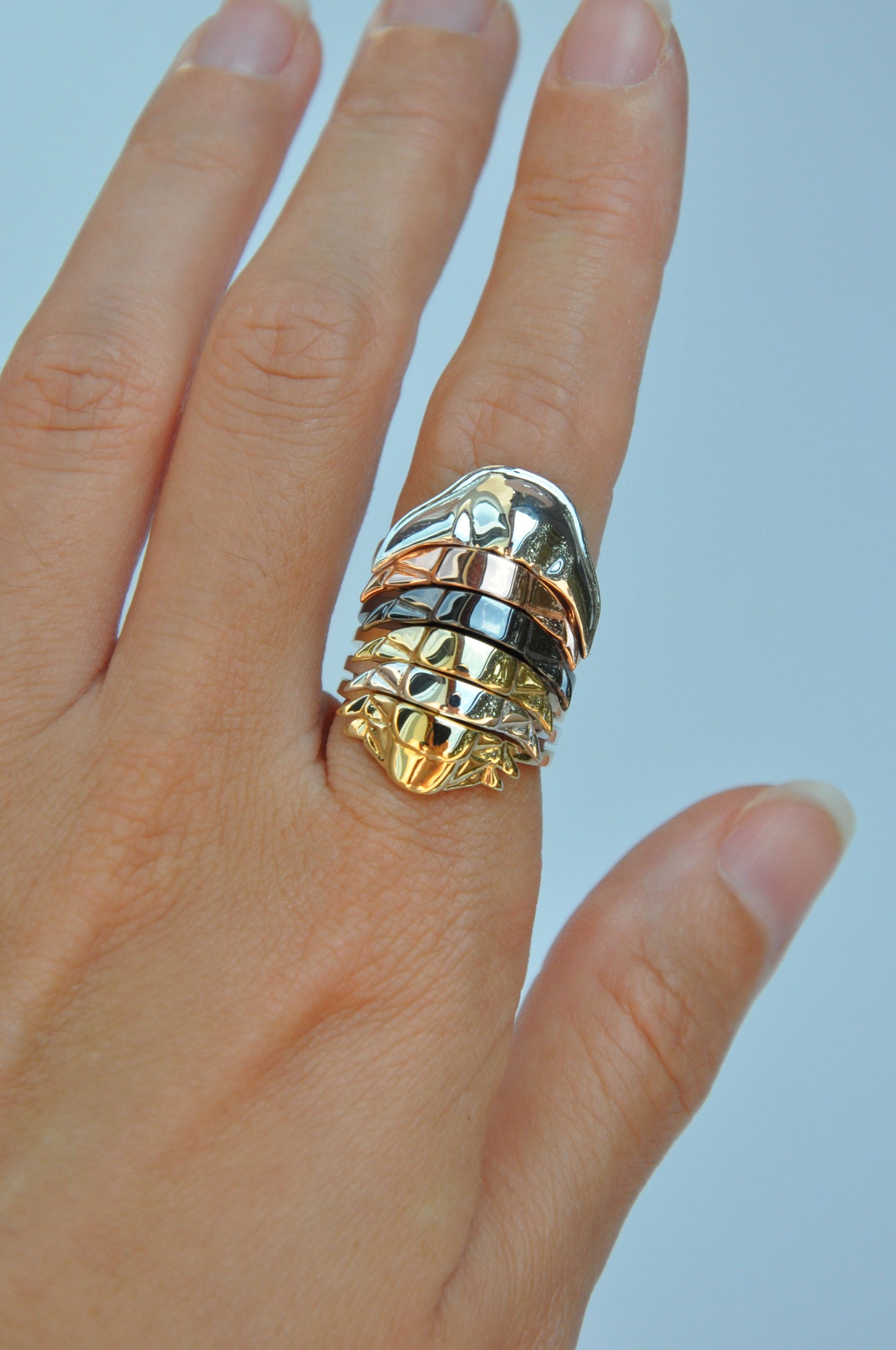 Front view of trilobite stacking rings with segmented rainbow finish – unique fossil accessories and paleo-inspired jewelry.