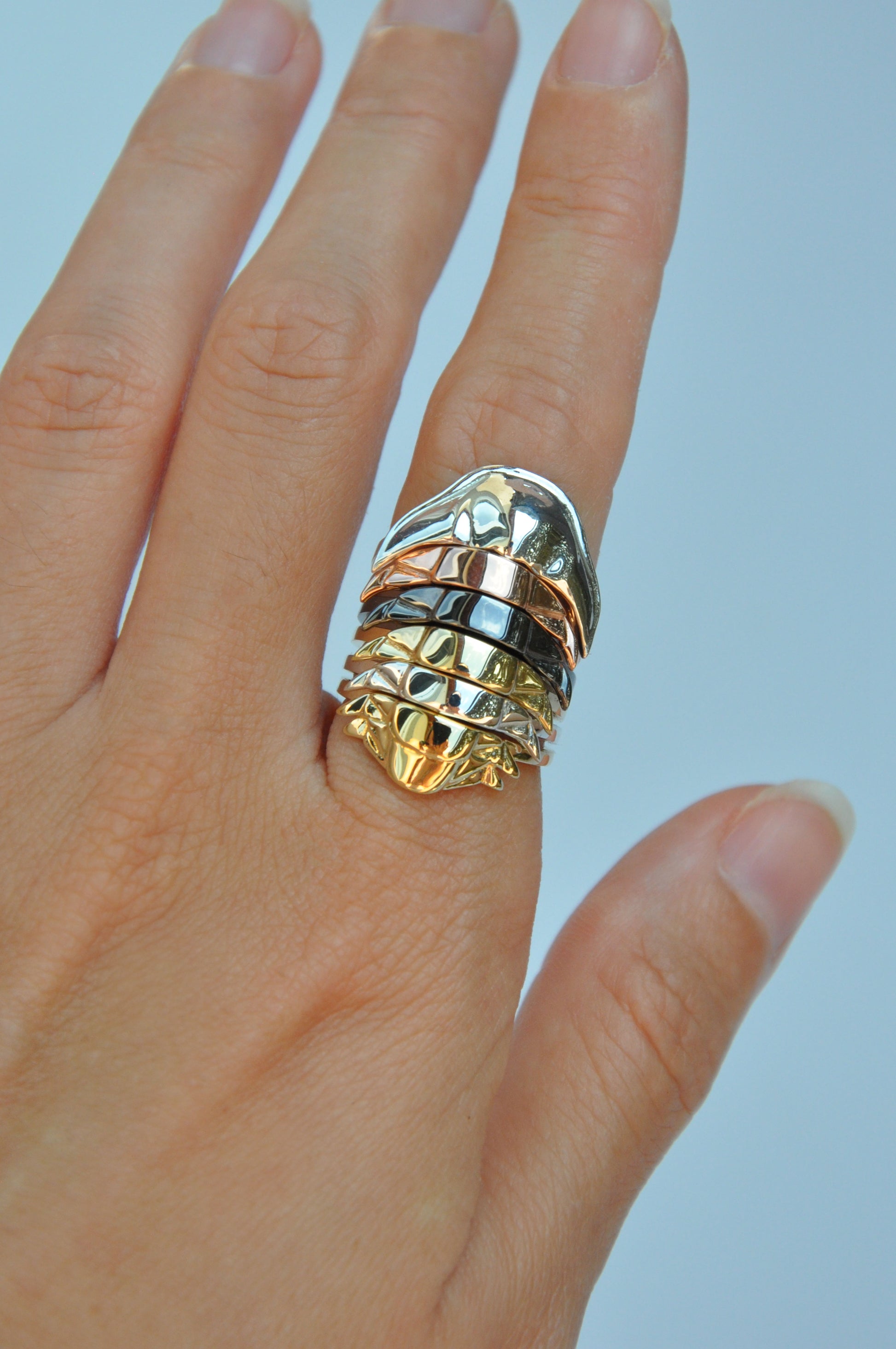 Front view of trilobite stacking rings with segmented rainbow finish – unique fossil accessories and paleo-inspired jewelry.