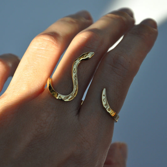 Two-finger celestial snake ring in 14K gold plated finish worn on hand, showcasing bold astrology-inspired jewelry.