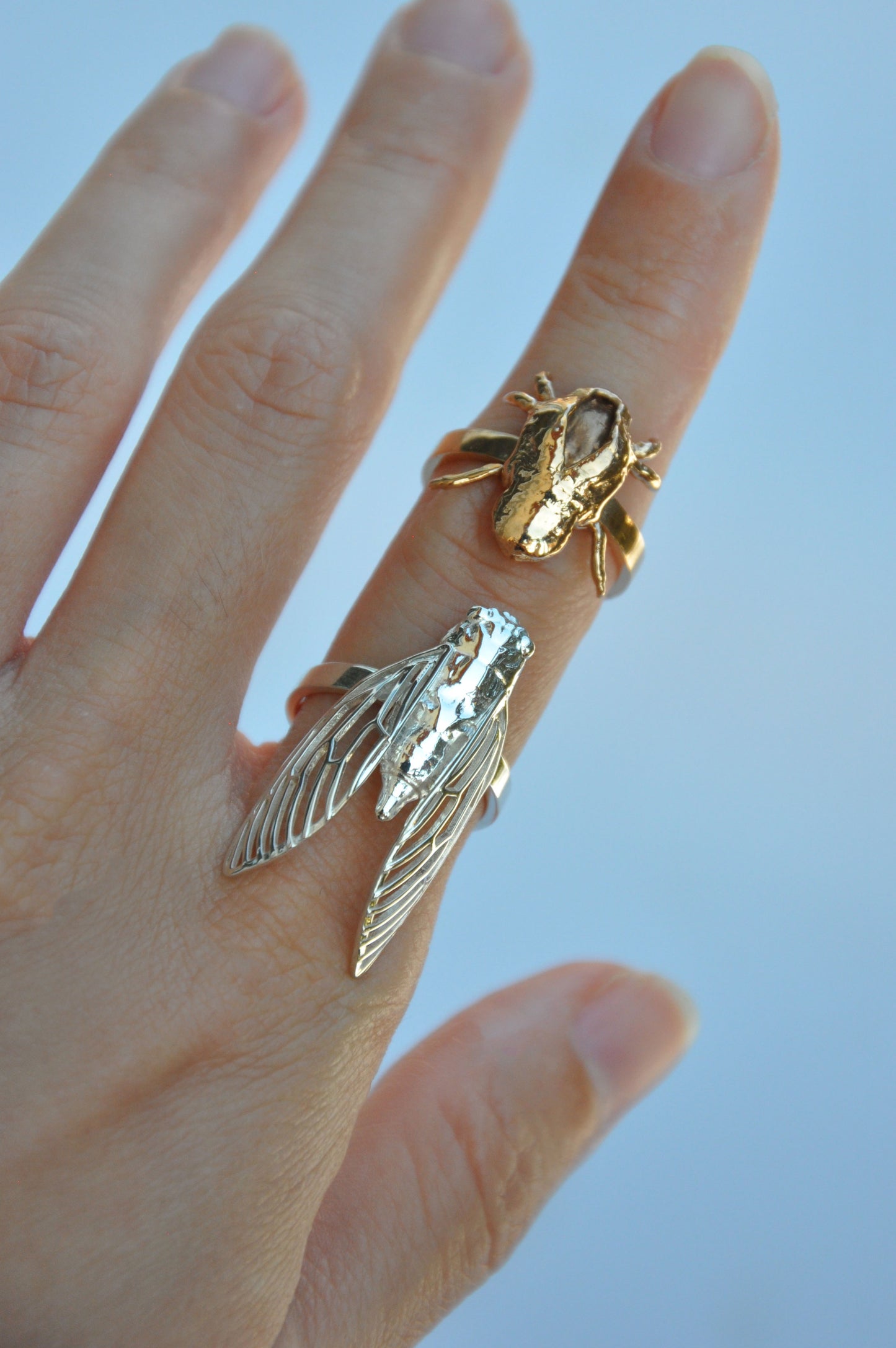 Set of unique cicada shell stacking rings, insect-inspired jewelry design