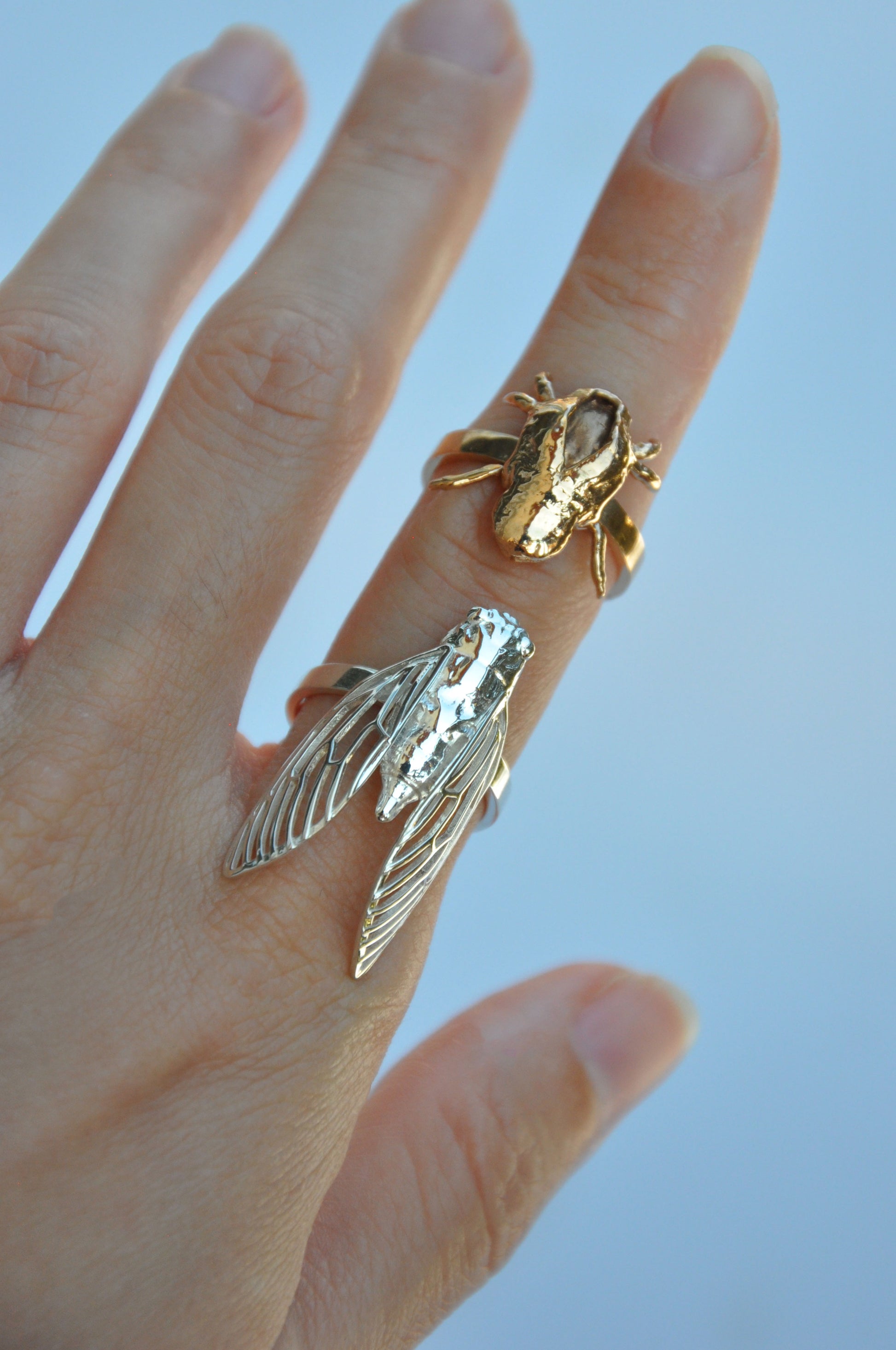 Set of unique cicada shell stacking rings, insect-inspired jewelry design