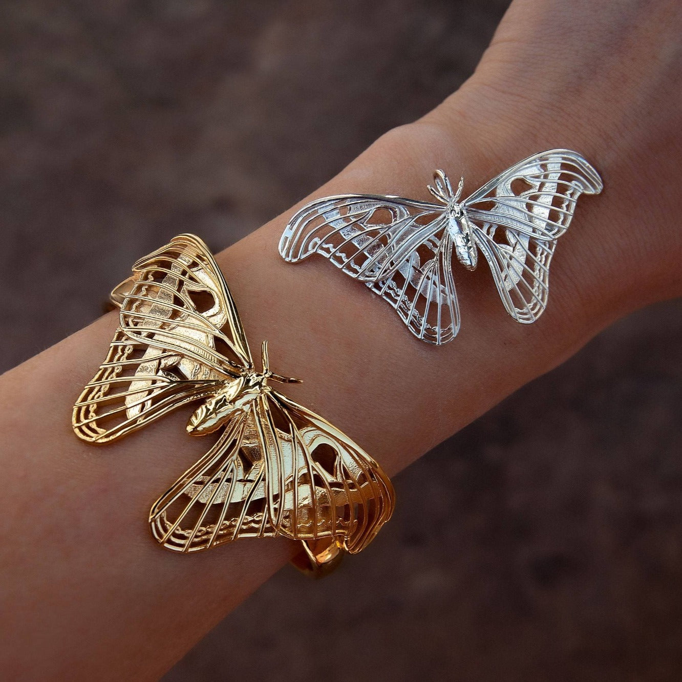 Model wearing gold Atlas Moth bracelet and silver pendant, styled in nature.