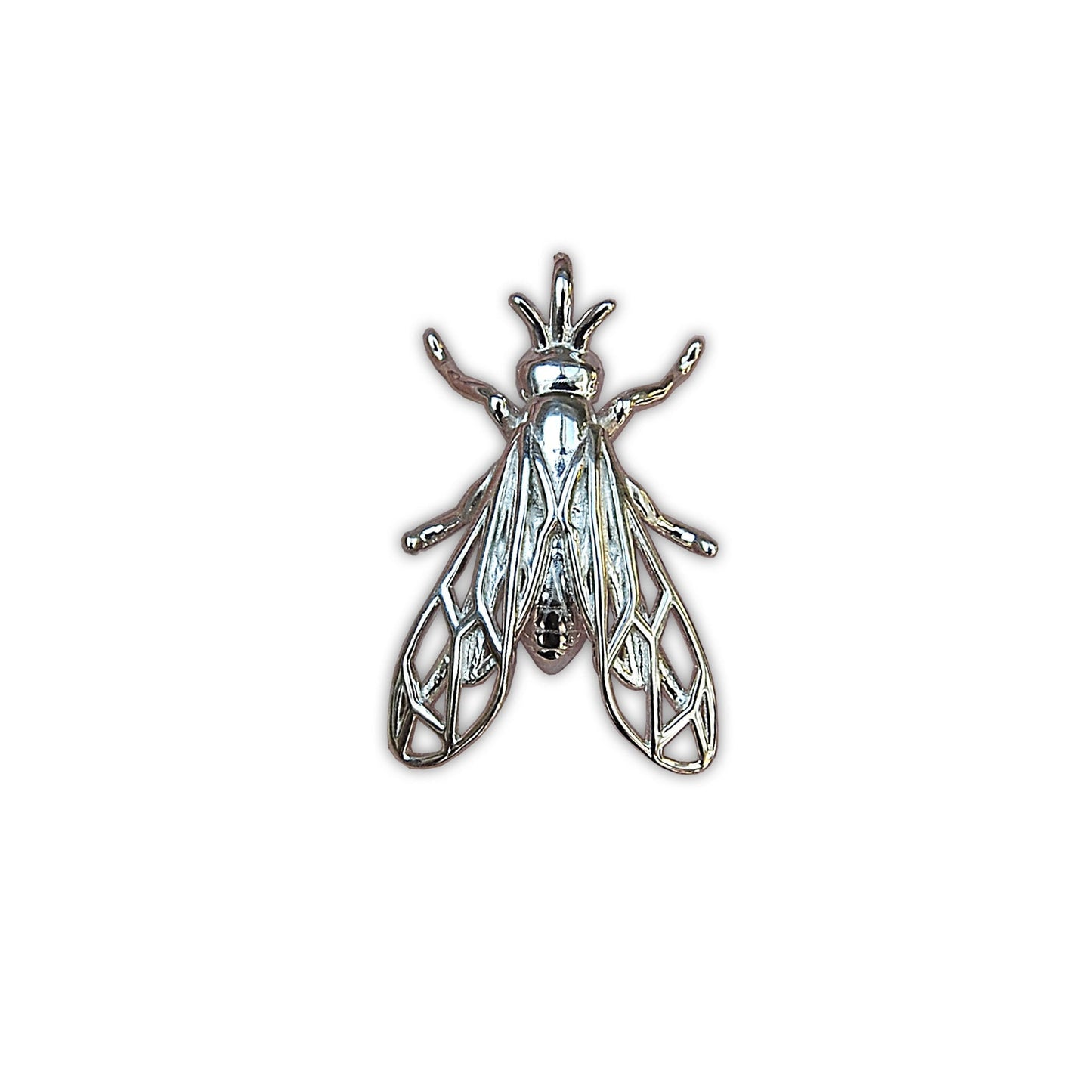 Wasp pendant necklace in sterling silver on white background, detailed insect design