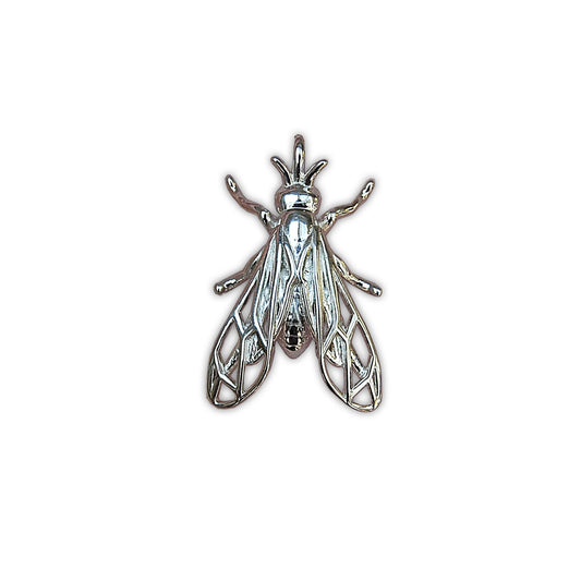 Wasp pendant necklace in sterling silver on white background, detailed insect design